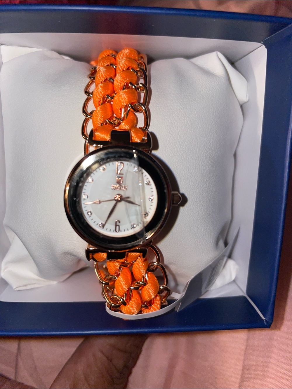 Aldo Orange Braided Chain-Link Watch with Rose Gold Case